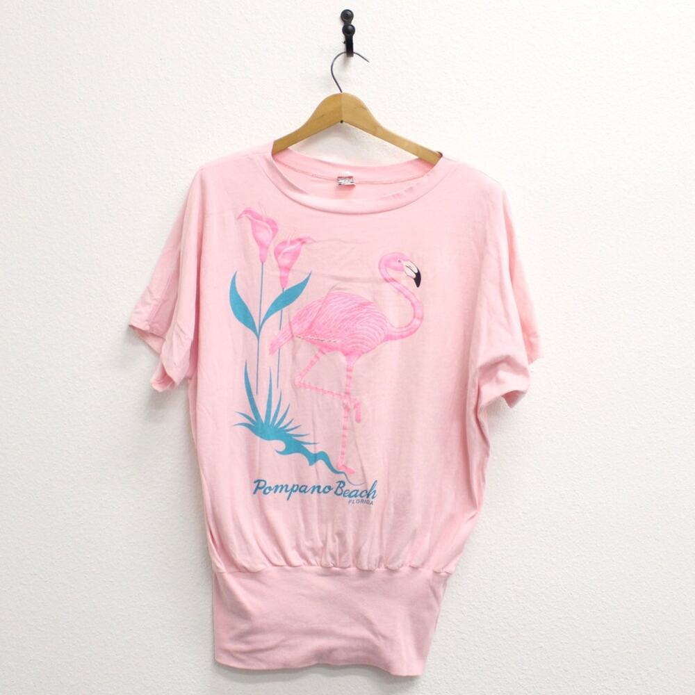 Vintage 80s Pompano Beach Florida Flamingo Pink T-Shirt Women’s Large